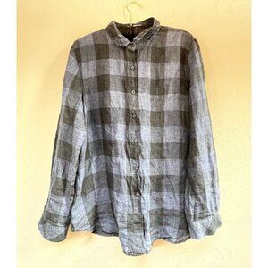 ID Womens Button Down Gray Buffalo Check Linen Shirt Top Long Sleeve Lightweight